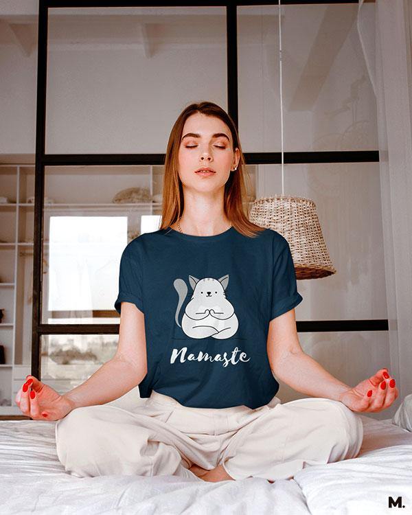 Muselot's Navy t-shirt printed with Namaste! for yoga and cat lovers.