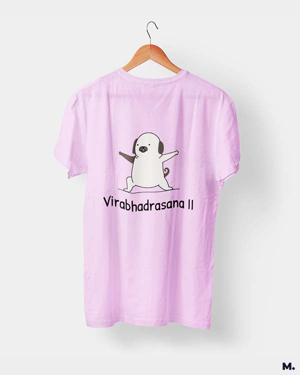 Muselot's Light Pink t-shirt printed with Virabhadrasana for yoga and dog lovers.