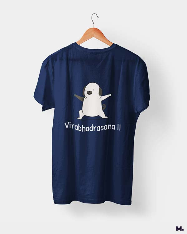 Muselot's Navy t-shirt printed with Virabhadrasana for yoga and dog lovers.