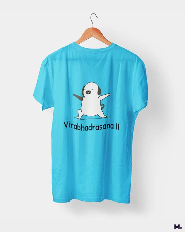 Muselot's Sky Blue t-shirt printed with Virabhadrasana for yoga and dog lovers.